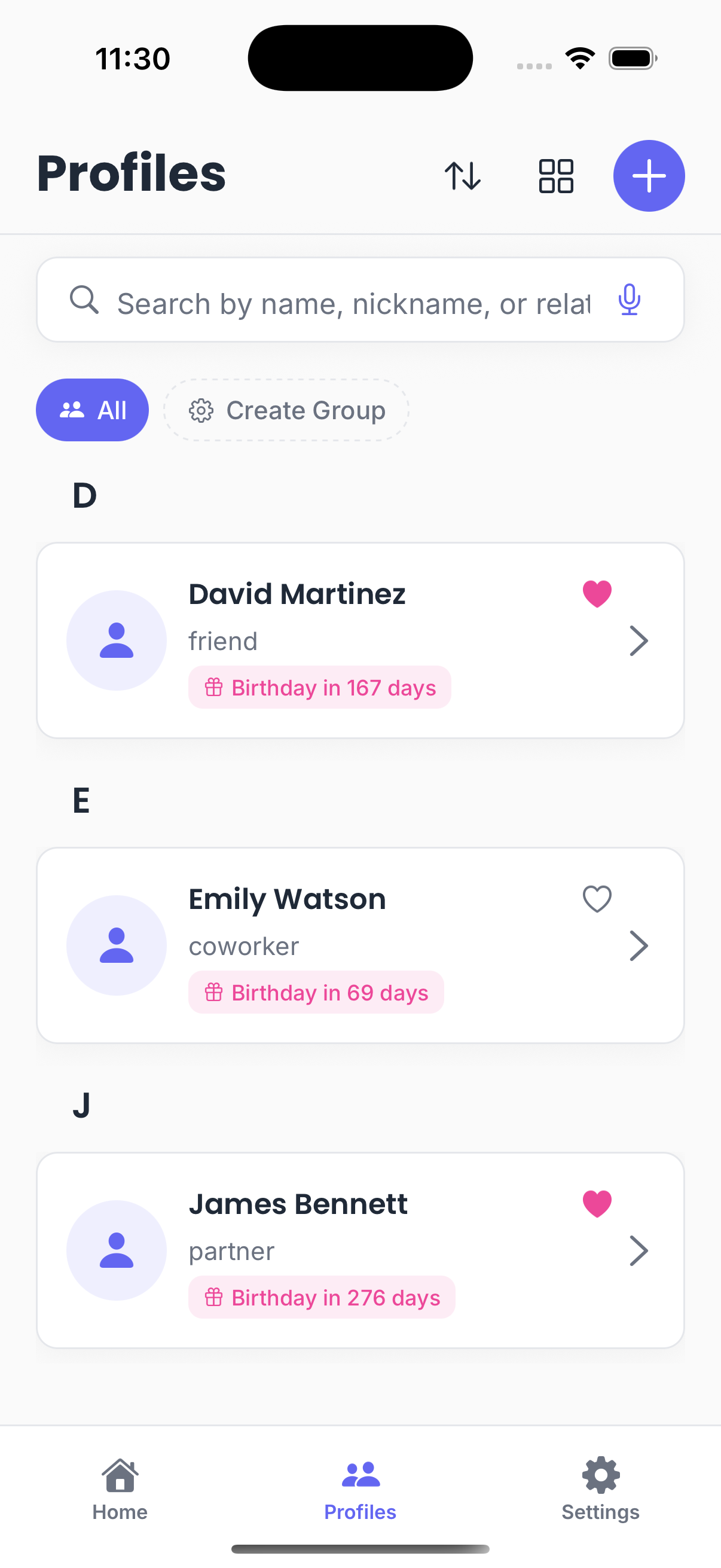 Profiles list with search and filtering