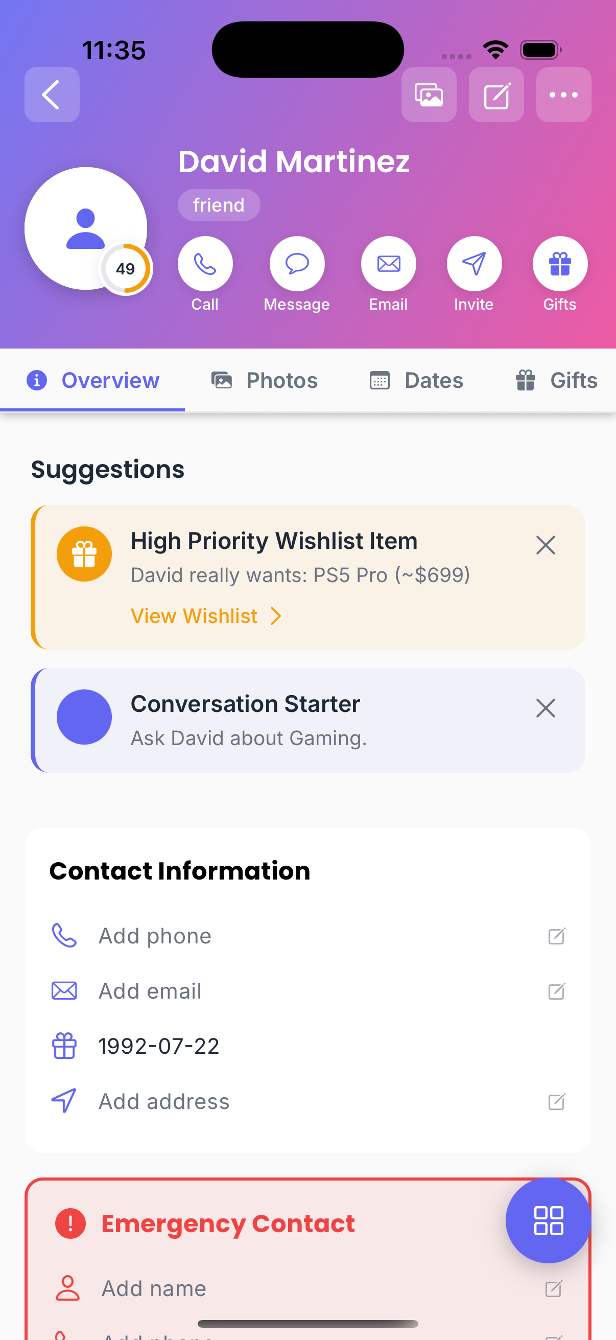 Detailed profile view with multiple tabs