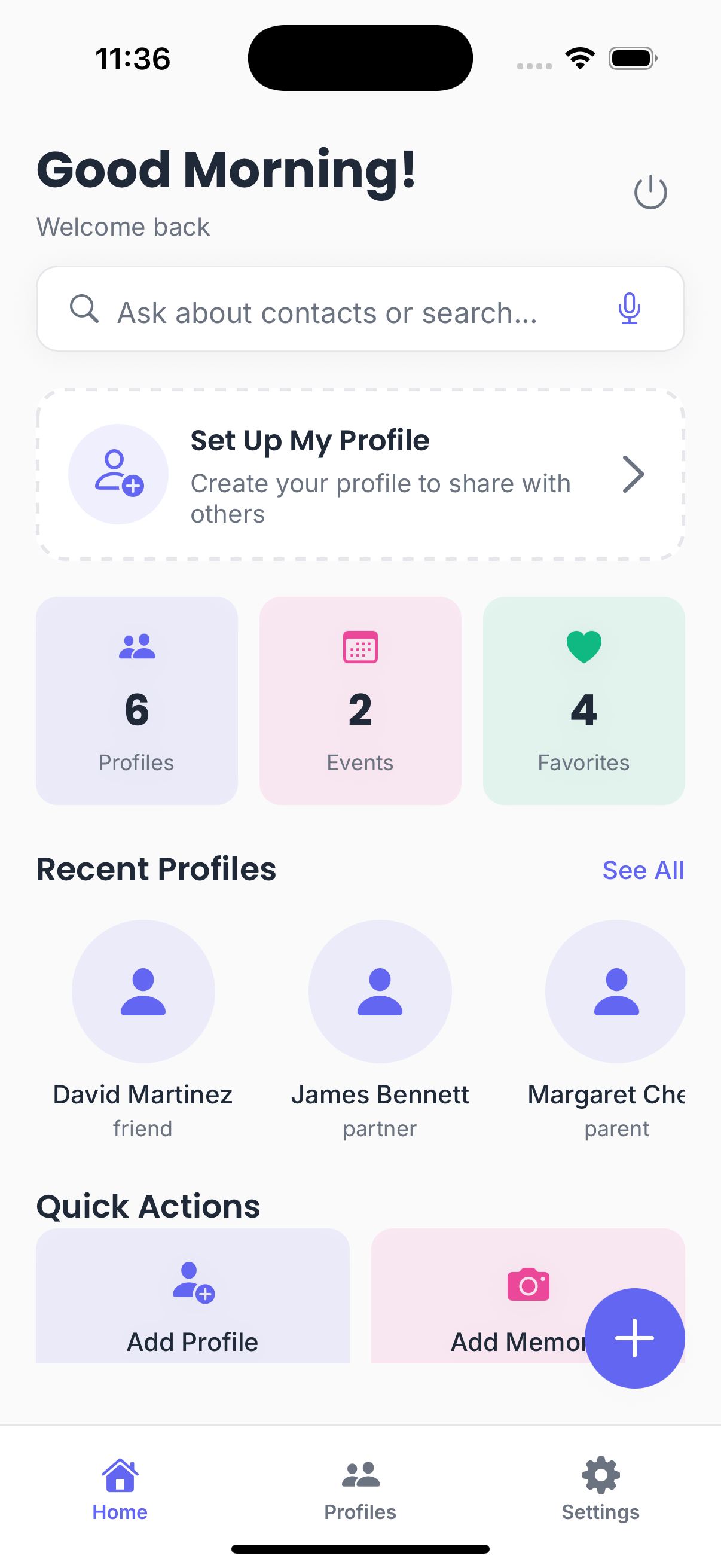 Home dashboard showing upcoming birthdays and quick actions