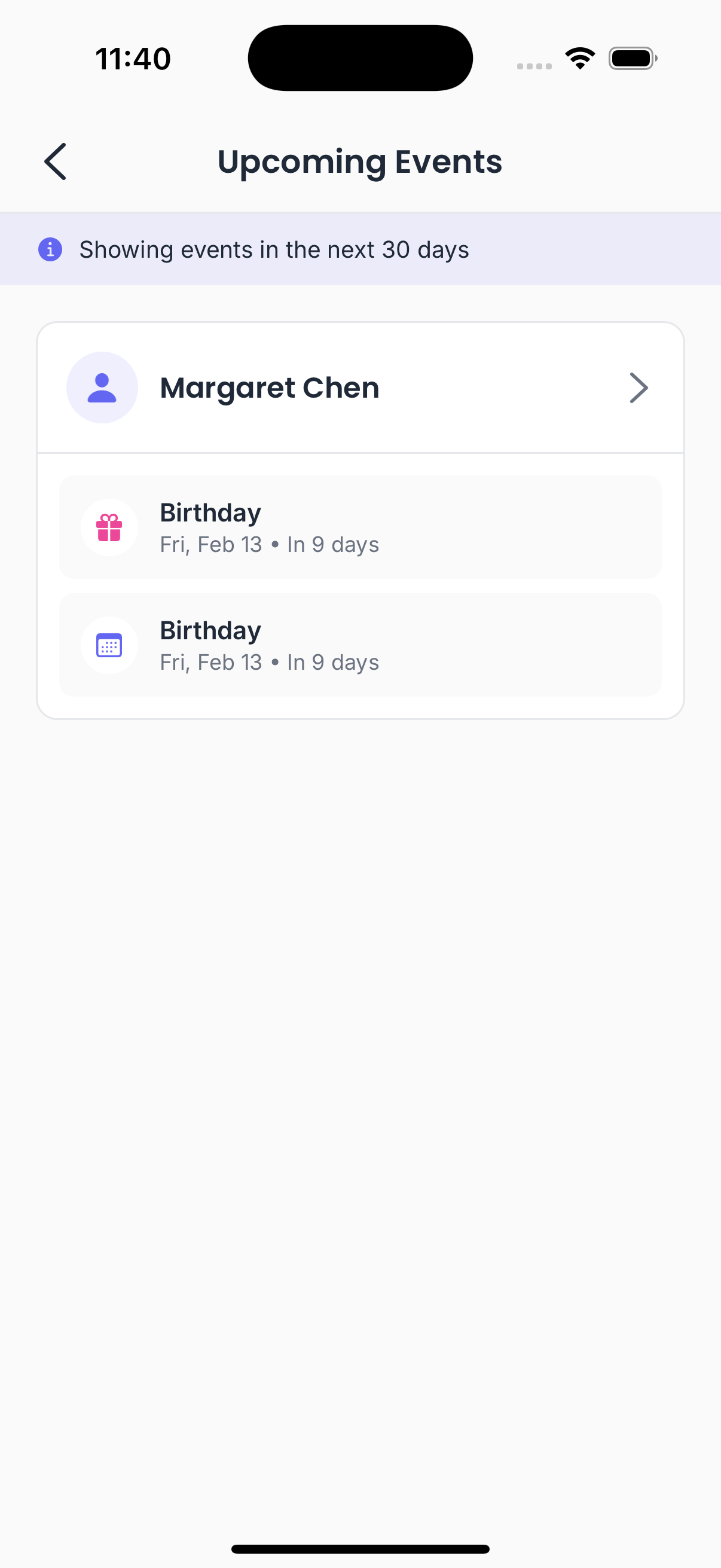 Calendar view of upcoming birthdays and events