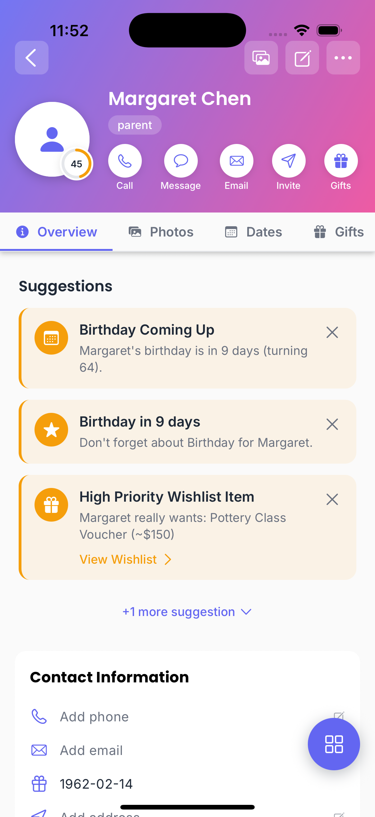 Profile overview with AI suggestions
