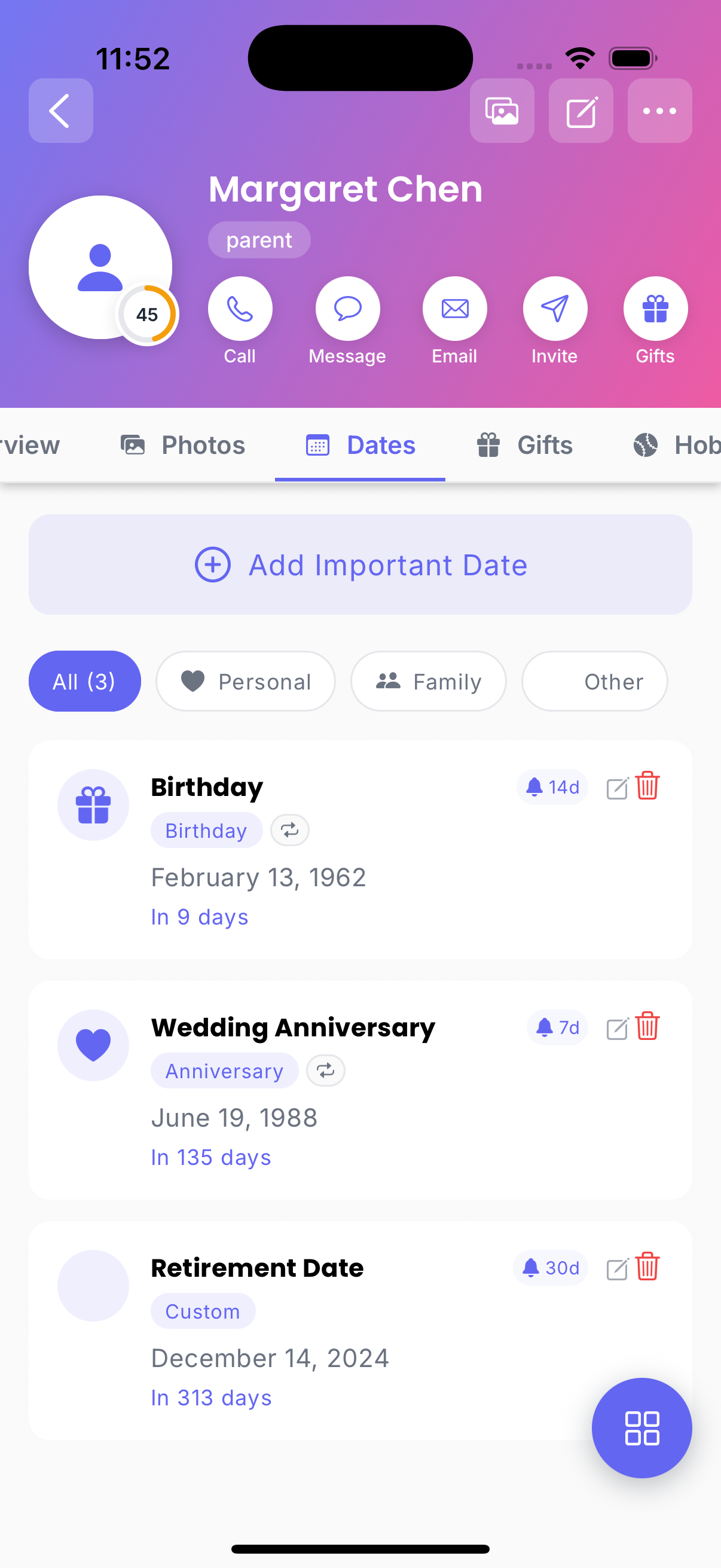Important dates and anniversaries tracking